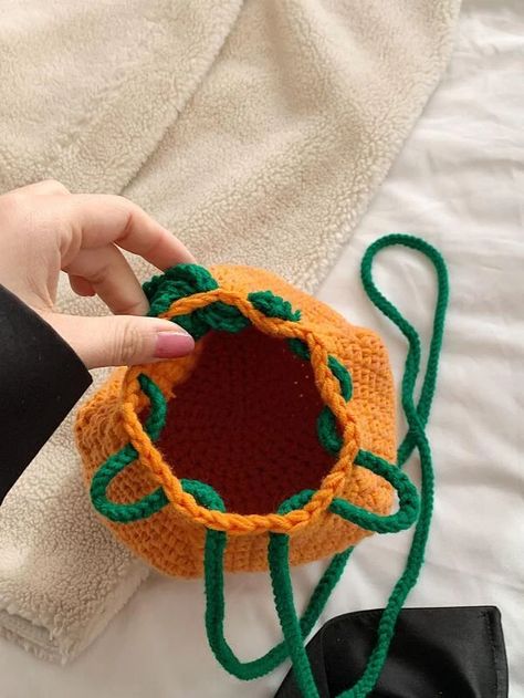 Mini Neon Orange Crochet Bag Orange Shape Drawstring Design | SHEIN USA Drawstring Crochet Bag, Drawstring Crochet, Crochet Drawstring Bag, Crochet Mini Bag, Orange Crochet, Knit Purse, Crochet Wool, Daily Bag, Cute Fruit