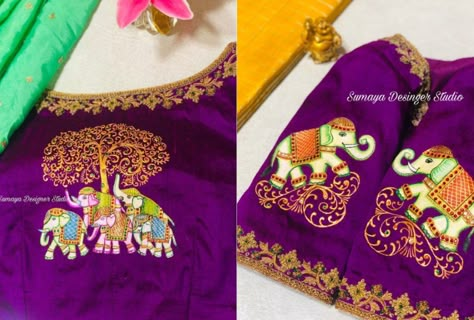 Tanjoor Painting On Blouses, Elephant Computer Work Blouse Designs, Elephant Blouse Work Designs, Elephant Work Blouse Designs, Elephant Embroidery Design Blouse, Elephant Design Blouse Work, Elephant Maggam Work Designs, Elephant Aari Work Blouse, Computer Embroidery Design Blouses For Pattu Sarees