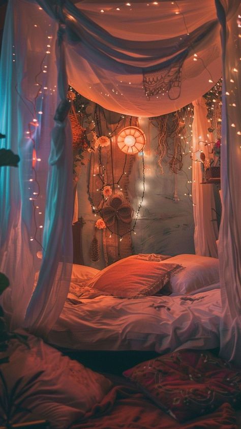 Dreamy boho-chic room decor with dream catchers, fairy lights, and cozy bedding for a serene escape. Pillow Nest Beds, Bed Nest Sleeping Nook, Hideaway Room, Fairy Bedroom Aesthetic, Bedroom Cosy, Bed Nest, Monique Lula, Boho Bedrooms, Room Decor Inspiration