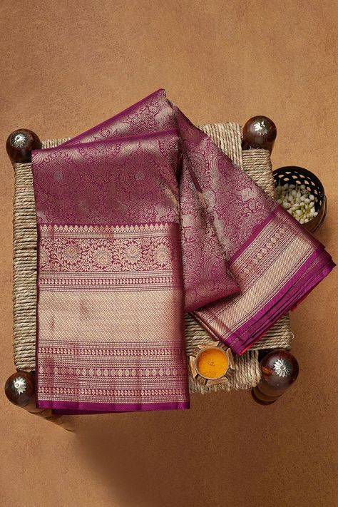 Buy Mulberry purple Zari Woven Kanchipuram Silk Saree Online | Samyakk Saree Display Ideas, Sarees Photography, Saree Display, Saree Photography, Flat Lay Photography Fashion, Saree Shoot, Saree Pic, Creative Shoot, Creative Advertising Photography