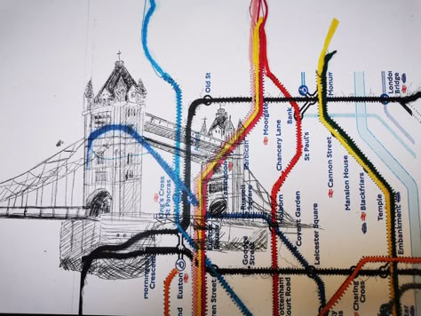 Travel A Level Art, Travel And Memories Textiles Gcse, London Underground Map Art, London Art Drawing, Textile Design Sketchbook, Artist Research Page, Textiles Gcse, London Underground Map, Illustration Outline