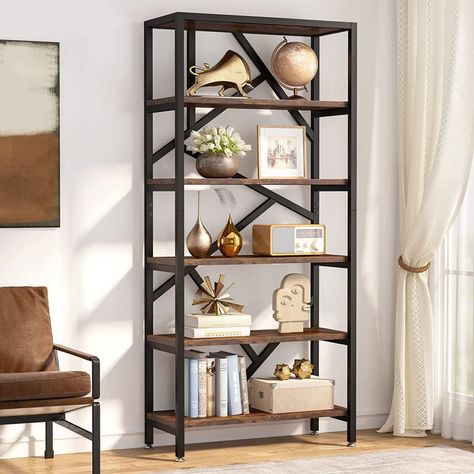 Borough Wharf Debussy 180cm H x 80cm W Metal Etagere Bookcase | Wayfair.co.uk Open Book Shelves, Tall Bookshelf, Wood Shelving Units, Tall Bookshelves, Wood Shelving, Industrial Bookshelf, Vintage Bookshelf, Tall Bookcases, Regal Design