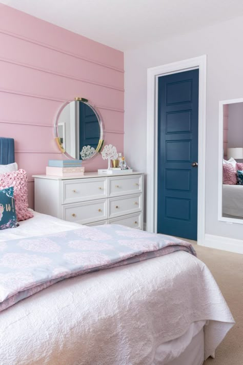 Gray Room Accent Wall, Accent Wall For Girls Bedroom, Pink Wall Color Bedroom, Girls Room Accent Wall Ideas, Girl Accent Wall Bedroom, Pink Accent Wall Bedroom Kids, Girls Accent Wall Bedroom, Girls Bedroom Wall Paint Ideas, Girl Room Paint Ideas