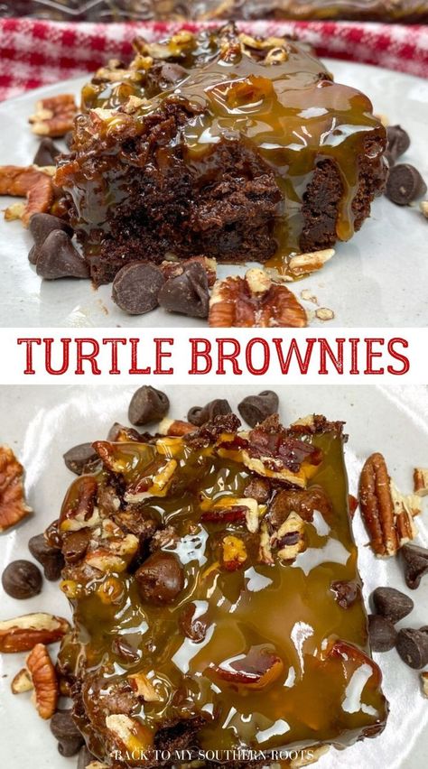 Brownies With Caramel, Turtle Brownie, Cookie Cottage, Turtle Brownies, Desert Bar, Dreamy Desserts, Corn Beef, Caramel Chocolate Chip Cookies, Broccoli Cheese Soup Recipes