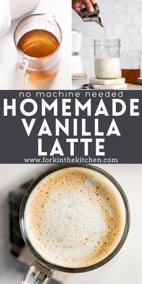 Making a luxurious vanilla latte at home has never been easier – or more delicious – thanks to this easy homemade latte method that requires no special equipment, and homemade vanilla bean syrup! Home Latte Recipe, Starbucks Vanilla Latte Recipe, Healthy Lattes At Home, Homemade Latte Syrup, Hot Vanilla Latte Recipe, Homemade Latte With Milk Frother, Homemade Vanilla Syrup For Coffee, French Vanilla Latte Recipe, At Home Latte Recipes