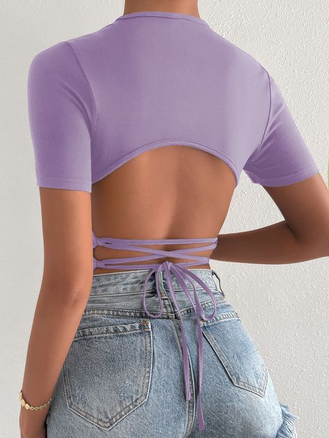 Morado Violeta Sexy Collar manga corta Poliéster Liso  Embellished Estiramiento medio Verano Tops, Blusas y Camisetas de Mujer Top Violeta, Backless Top, Mini Skirts, Lace Up, Womens Tops, T Shirts For Women, Crop Tops, Collar, Lace