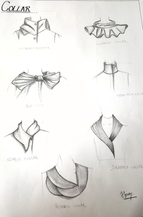 Collar Illustration Sketches, Collar Design Illustration, Collar Sketch Fashion Illustrations, Shading Techniques Drawing, Collars Drawing, Collars Illustration, Dress Collar Neck Designs, Collar Sketch, Collar Illustration