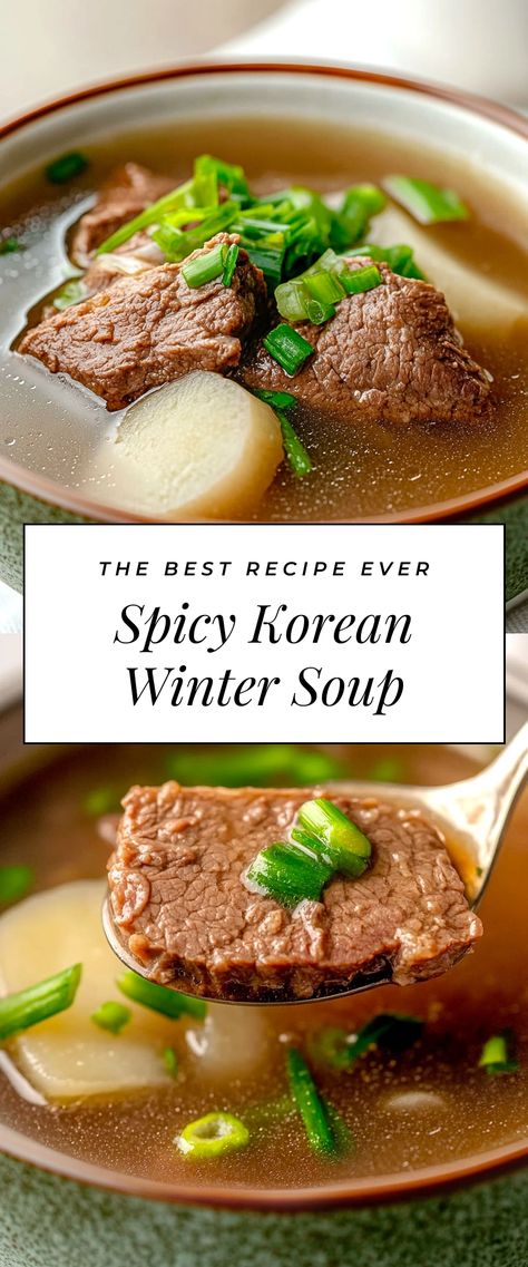 Image for Spicy Korean Winter Soup Korean New Year Soup, Korean Short Rib Soup, Asian Style Soup, Asian Inspired Soup, Korean Hotpot Recipe, Korean Soups And Stews, Korean Oxtail Soup, Korean Beef Soup, Korean Soup Recipes