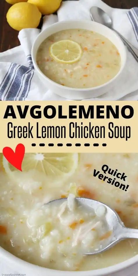 Avgolemono, an easy Greek lemon chicken soup with arborio rice and vegetables. Make a big batch ahead and freeze for a quick meal! Avagolemon Soup, Greek Cream Of Chicken Rice Soup, Greek Rice Soup, Greek Lemon Soup Authentic, Avoglomeno Soup Greek, Greek Lemon Soup Orzo Rotisserie Chicken, Avolegmono Greek Soup, Greek Soup Avgolemono, Lemon Chicken Soup Greek