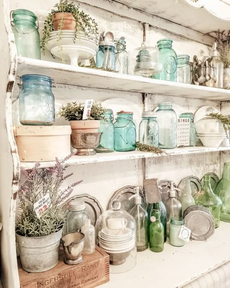 French Coastal Decor Kitchen, Jar Display Ideas, China Hutch Decor, Thrift Aesthetic, Bookshelf Decoration, Shallow Shelves, China Cupboard, Antique Booth Displays, Antique Booth Ideas