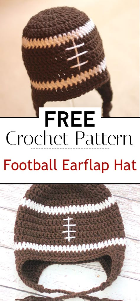 Mens Crochet Hat Earflaps, Crochet Earflap Hat Pattern, Crochet Football Hat Free Pattern, Knit Football Hat Pattern, Crochet Football Team Hat Free Pattern, Football Ear Warmer Crochet Pattern, Sports Crochet, Crochet Football Beanie, Earflap Hat Pattern