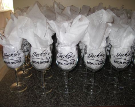 tulle for bridal shower favors | Favors - Wine glasses with custom vinyl decals from ten23designs.com I ... Bridal Shower Wine Glass Favors, Bridal Shower Wine Glasses, Easy Bridal Shower Favors, White Bridal Shower Ideas, Nautical Bridal Shower Favors, Wine Glass Wedding Favors, Easy Favors, Wine Glass Favors, Wedding Gifts Groomsmen