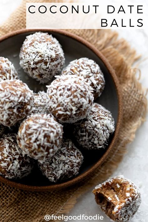 Coconut date balls are little balls of nutrition made with dates and nuts and then coated in shredded coconut - an easy-to-make sweet & healthy vegan snack! Coconut Date Balls, Healthy Travel Snacks, Date Balls, Coconut Balls, Vegan Snack, Travel Snacks, Date Recipes, Healthy Vegan Snacks, Autoimmune Protocol