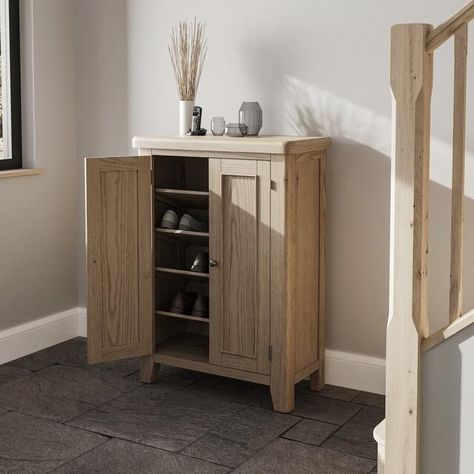 Sorrento Shoe Cupboard Shoe Storage Cupboard, Old Bed Frames, Shoe Cupboard, Shoe Shelves, Door Catches, Oak Furniture, Inspired Living, Wooden Tops, Cupboard Storage