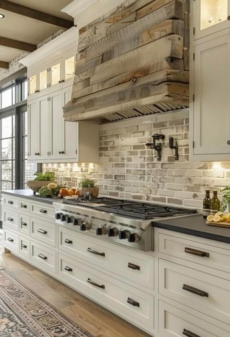 Mountain Farmhouse, Brick Backsplash Kitchen, Farmhouse Kitchen Backsplash, Kitchen Backsplash Ideas, Brick Backsplash, Cabinets And Countertops, Farmhouse Kitchen Design, Kitchen Farmhouse, Backsplash Ideas