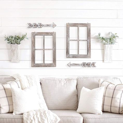 Window Frame Wall Decor, Rustic Window Frame, Window Frame Decor, Fake Window, Wood Window, Rustic Window, Farmhouse Interior, Farmhouse Decor Living Room, Rustic Wall Art