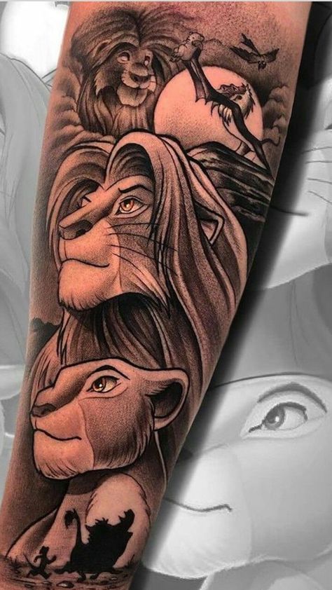 Disney Tattoo Sleeve Ideas, Disney Lion King Tattoo, Lion King Tattoo Sleeve, Lion King Sleeve Tattoo, The Lion King Tattoo Ideas, Lion King Tattoo Design, Lion King Tattoo Ideas, The Lion King Tattoo, Lion King Tattoos