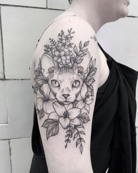 Hope your holiday was full of snuggles 💕 Reposting @justinecho_: "Sphynx cats love to cuddle because they lose more body heat. One more session for this piece! #tattooapprentice #sphynxcat #cattattoo #sphynxcattattoo #animaltattoo #nature #blackwork #dotwork #floral #botanical" Dotwork Cat Tattoo, Sphynx Tattoo, Sphynx Cat Tattoo, Bengal Cat Facts, Alchemy Tattoo, Sphynx Cats, Bengal Cats, Cat Spray, Tattoo Apprentice