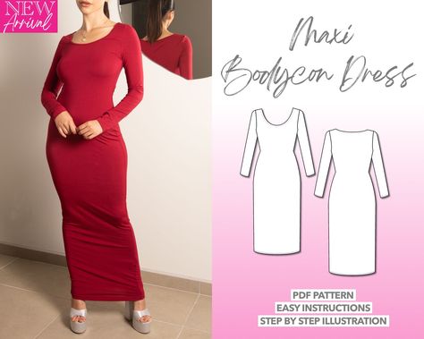 Simple Long Sleeve Dress Pattern, Long Sleeve Maxi Dress Pattern Sewing, Bodycon Dress Sewing Pattern, Simple Bodycon Dress, Long Sleeve Dress Pattern, Fitted Dress Pattern, Bodycon Dress Pattern, Simple Long Sleeve Dress, Maxi Dress Pattern Sewing