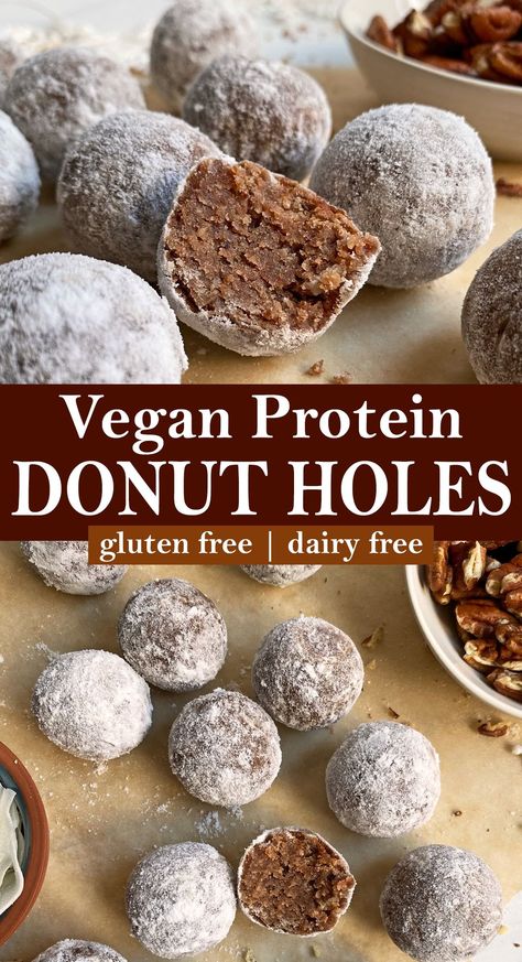 These healthy protein donut holes are made in a food processor, rolled, baked and covered in powdered sugar. This protein powder donut recipe is easy to make, gluten free, vegan and paleo friendly. Vegan Gluten Free Protein Balls, Protein Powder Donut Recipe, Protein Donut Holes, Easy Donut Recipe Baked, Gluten Free Protein Powder, Aip Foods, Doughnut Recipe Easy, Baked Donut, Vegan Protein Recipes