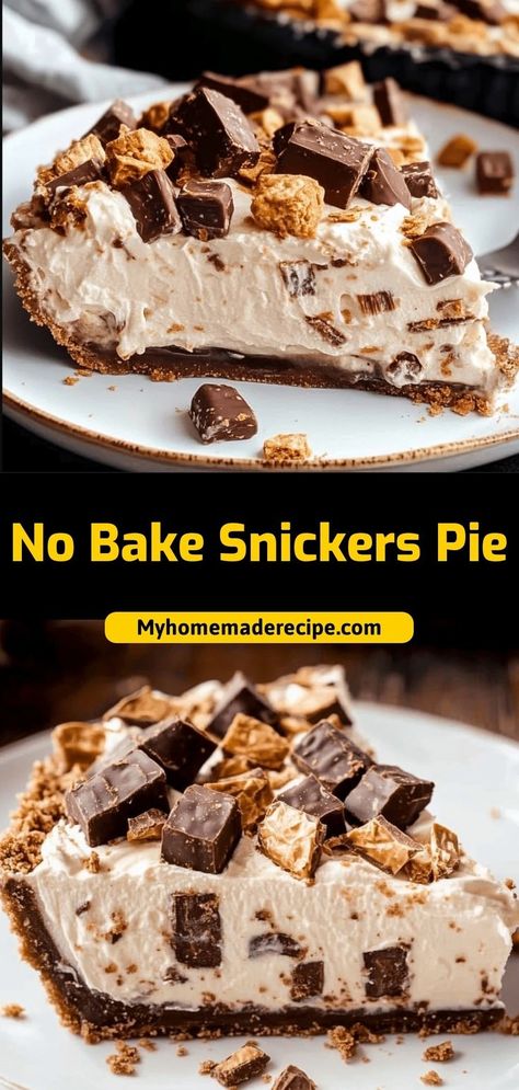 This No-Bake Snickers Pie is a rich, indulgent dessert with a chocolate cookie crust, creamy filling, and chunks of Snickers bars. Easy to make and irresistibly delicious! Ingredients: 1 pre-made chocolate pie crust 1 cup cream cheese, softened 1 cup whipped cream 1 cup chopped Snickers bars A no-bake treat that’s pure candy-bar bliss Snickers Dessert, Snickers Pie, Chocolate Pie Crust, Chocolate Cookie Crust, Snickers Candy Bar, Snickers Candy, Oreo Cookie Crust, Snickers Bar, Chocolate Cream Pie