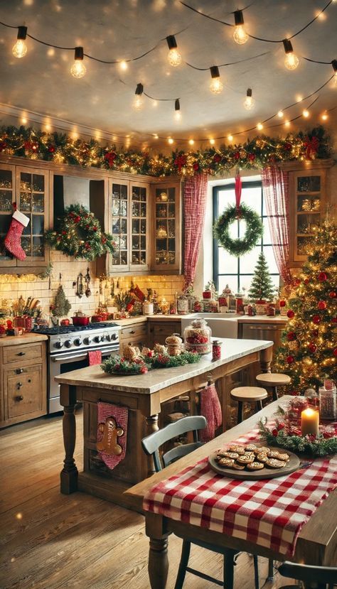 Christmas Kitchen Decorating Ideas, Cozy Christmas Kitchen, Christmas Kitchens, Christmas Dessert Table, Outdoor Christmas Decoration Ideas, Christmas Island, Gingerbread Christmas Decor, Kitchen Decorating Ideas, Kitchen Christmas