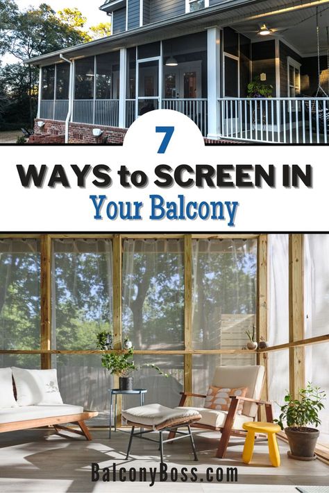 Click through to the blog for 7 ways to screen in your balcony on a budget! These DIY home improvement hacks will give enclose your balcony so you can use it year round. Inside you'll learn why you should use a balcony screen, the best ways to make an enclosed balcony, and how to do it on a budget! All the details inside. Balcony On A Budget, Enclosed Balcony Ideas, Screen Porch Ideas, Porch On A Budget, Diy Home Improvement Hacks, Apartment Porch, Home Improvement Hacks, Balcony Screen, Enclosed Balcony