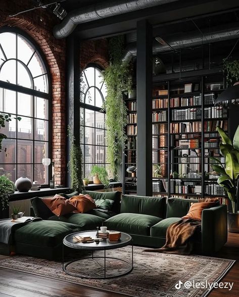 Green Apartment, Earthy Home, Brick Loft, Interior Design Per La Casa, Gorgeous Houses, Industrial Livingroom, Style Loft, Style Deco, Living Room Green