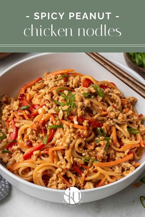 Ready in 30 minutes and high in protein, this spicy peanut chicken noodles recipe is perfect for a quick and easy weeknight dinner idea. Peanut Chicken Noodles, Spicy Peanut Chicken, Chicken Noodles Recipe, Kay Nutrition, Spicy Peanut Noodles, Spicy Peanut Sauce, Chicken Noodles, Nutritional Snacks, Chicken Noodle Recipes