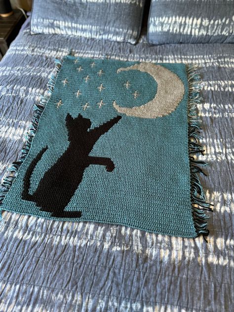 Baby Blanket With Cat Reaching for the Moon Overlay Mosaic - Etsy Celestial Crochet Blanket, Cat Blanket Crochet Pattern, Cat Crochet Tapestry, Moon Knitting Pattern, Cat Tapestry Crochet, Mosaic Crochet Baby Blanket, Cat Crochet Blanket, Galaxy Crochet, Moon Overlay