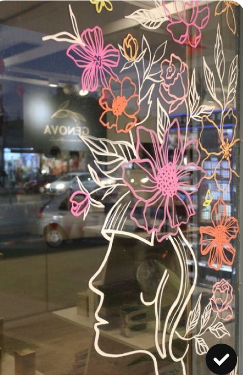 Hair Salon Window Painting, Window Painting Ideas Business, Pink Window Display, Hair Salon Window Display Ideas, Summer Window Art, Salon Window Display, Salon Window, Mirror Drawings, Window Mural