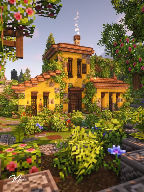 Italian Style Minecraft House, Mangrove Starter House Minecraft, Boho Minecraft Houses, Yellow Terracotta House Minecraft, Minecraft Vineyard House, Minecraft Italy Village, Italian Minecraft Builds, Minecraft Italian Builds, Earthy Minecraft House