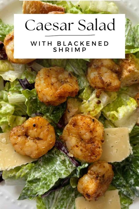 This easy Blackened Shrimp Caesar Salad combines the freshness of salad greens with the bold flavors of blackened shrimp! Make this caesar salad in just 15 minutes tonight! Shrimp Caesar Salad, Pescatarian Lifestyle, Shrimp In The Oven, Frozen Garlic Bread, Cream Cheese Pasta, Lemon Garlic Pasta, Blackened Shrimp, Salad Greens, Frozen Shrimp