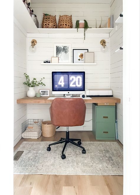 Shiplap office Cloffice leather desk chair built in desk Organic Modern Home Office, Closet Office Ideas Small Walk In, Closet Turned Office, Blonde Vinyl, Work From Home Space, Organic Modern Home, Beachy Blonde, Closet Desk, Small Office Design Interior