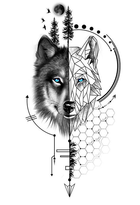 Geometrical Wolf Tattoos, Wolf Geometric Tattoo Design, Geometric Animal Tattoo Design, Tato Wolf, Husky Tattoo, Geometric Wolf Tattoo, Geometric Animal Tattoo, Shadow Tattoo, Animal Sleeve Tattoo