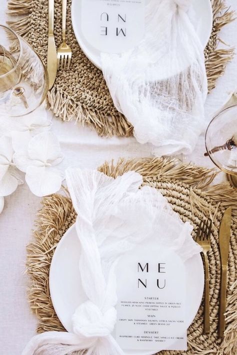 TABLE DECOR | NgLp Designs shares Love Stoned on Instagram: “Tulum-inspired luxe table scapes... how you can transform a space without making your guests travel overseas...” | menu, stationery, table, table decor, luxury, rattan, white,  /// #tabledecor #stationery #rattan Boda Mexicana, Table Scapes, Wedding Table Settings, Tropical Wedding, Place Settings, Decoration Table, Styled Shoot, Event Decor, Event Design