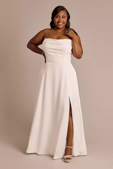 Matte Satin Sculpted Bodice A-Line Wedding Dress | David's Bridal Clean Modern Wedding, Modern Wedding Dresses, Modern Wedding Gown, Davids Bridal Wedding Dresses, Affordable Wedding Dresses, Wedding Dresses Satin, Classic Wedding Dress, A Line Wedding Dress, Modern Bridal