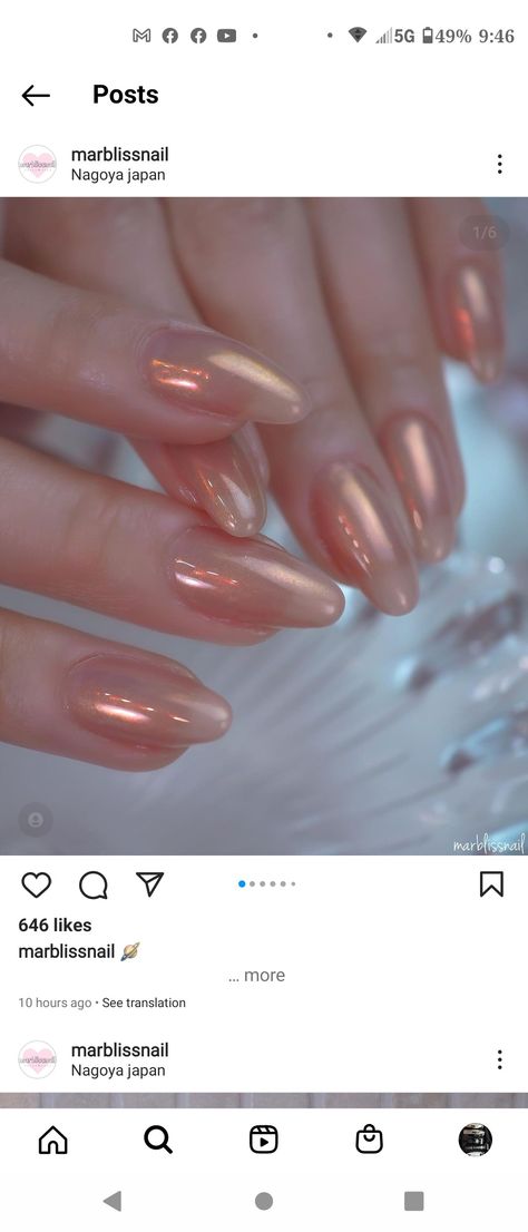 Peach And Chrome Nails, Peach Nails Chrome, Peach Metallic Nails, Crome Nails Peach, Light Peach Chrome Nails, Coral Aura Nails, Light Coral Nails, Peach Chrome Nails, Chrime Nails