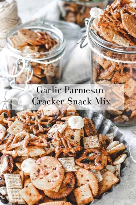 This Garlic Parmesan Cracker Snack Mix is super savory, buttery snack mix packed with all of the best crackers and coated in a heavenly garlic butter mixture with lots of parmesan! #snackmixrecipes #snackmixrecipessavory #snackmixforacrowd Cracker Mix Recipes, Spicy Crackers, Parmesan Crackers, Trail Mix Snack, Snack Mix Recipe, Seasoned Crackers, Munchies Snacks, Savoury Crackers, Cereal Snacks