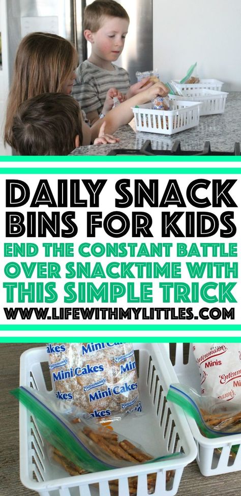 AD Daily snack bins are the perfect way to end the constant battle over snack time! Put your kids' snacks in them in the morning, and they get to decide when to eat them! An easy, DIY solution that stops pestering and teaches self-control! Get everything you need at Walmart and prepare to be amazed! #MealTimeSavings #Entenmanns #SatisfyWithMinis Summer Snack Boxes For Kids, Snack Bucket Ideas, Snack Bin For Room, Summer Snack Basket For Kids, Kids Snack Station, Refrigerator Snack Drawer For Kids, Summer Snack Bins For Kids, Snack Boxes For Kids, Snack Organizer Walmart