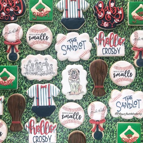 Cindi Brault-Turner on Instagram: “Sandlot baby shower cookies!! All of the amazing cutter companies are tagged!! Baseball stencil by @stencibelle Welcome Baby Crosby!!…” Sandlot Cookies, The Sandlot 1st Birthday Party, Sandlot Baby Shower Ideas, The Sandlot Cookies, Sandlot First Birthday Party, Sandlot Birthday Party Decorations, The Sandlot Birthday Party Decorations, The Sandlot Cookies Decorated, Baseball Gender Reveal