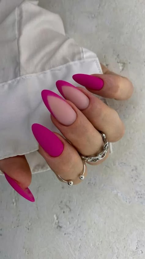 #nails #nailart #aesthetic #fallnails #summernails #nailideas #nailpolish #nailgel #nailtrends #trendy #nailinspo #hotpink Nails For Magenta Dress, Almond Nails Designs Summer Pink, Hot Pink Aesthetic Nails, Trendy Almond Nails 2024, Barbie Aesthetic Nails, Raspberry Pink Nails, Magenta Nails Design, Pink Accent Nail, Hot Pink Almond Nails