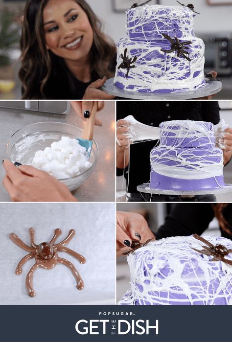 Marshmallow Spiderweb Cake | Get the Dish Spiderweb Cake Marshmallow, Marshmallow Spider Web, Marshmallow Web, Halloween Food Mummy, Spiderweb Cake, Vegetarian Halloween, Spider Web Cake, Melting Marshmallows, Halloween Punch Recipes