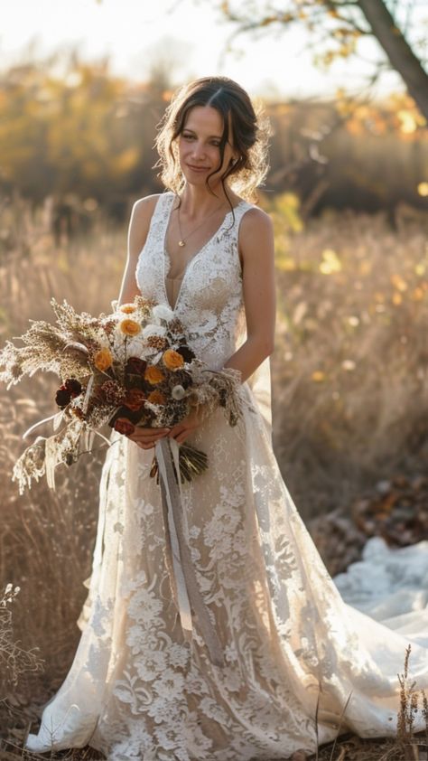 a bride in a less formal Boho lace gown or maxi dress, second wedding Wedding Dresses For 3rd Marriage, 2nd Wedding Dress Over 40 Not White, Second Wedding Dress Ideas, Second Wedding Dress Over 40, 2nd Marriage Wedding Dress, Wedding Dresses Outfit, Second Marriage Wedding, 2nd Wedding Dress, Second Wedding Ideas