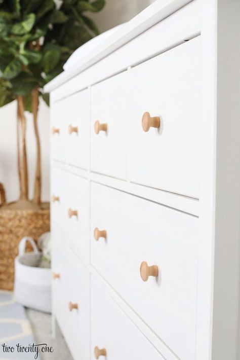 Emmett's Nursery Baby Nursery White Furniture, Hemmed Dresser Nursery, Hemnes Dresser Knobs, Hemnes Dresser Nursery Knob, Ikea Hemnes 3 Drawer Dresser Nursery, Nursery Dresser Knobs, Neutral Baby Boy Nursery, White Crib Brown Dresser Nursery, Hemnes Drawers