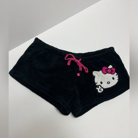 Sanrio | Shorts | Hello Kitty Pajama Fuzzy Drawstring Shorts In Black Size S | Poshmark Little Black Shorts, Hello Kitty Pajama Shorts, Different Styles Fashion List, Short Shorts Outfit, Hello Kitty Pjs, Hello Kitty Shorts, Hello Kitty Pajamas, Kuromi And My Melody, Sanrio Clothes