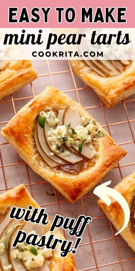 These easy puff pastry tarts are made with fresh pears, tangy blue cheese, and sweet fig jam sitting on top of buttery puff pastry that comes together in minutes. These mini pear tarts are made with just a few simple ingredients for a mouthful of flavor. Tarts With Puff Pastry, Sweet Puff Pastry Recipes, Pear Tarts, Sweet Puff Pastry, Puff Pastry Tarts, Easy Puff, Pear Tart, Puff Pastry Tart, Easy Puff Pastry