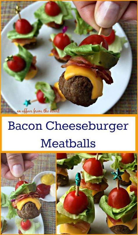 Bacon Cheeseburger Meatballs - Perfect appetizers – meatballs stacked with all of the ingredients for a deluxe bacon cheeseburger! #BackYourSnack #Ad From An Affair from the Heart Cheeseburger Meatballs, Appetizer Meatballs, Meatballs Easy, Bacon Cheeseburger, God Mat, Shower Food, Finger Food Appetizers, Snacks Für Party, Perfect Appetizers