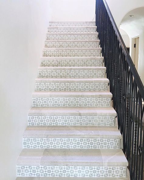 This combination of our cement tile with limestone stair treads looks fantastic! The in stock 4” x 4” Atlas I pattern is on the risers.… Limestone Stairs Outdoor, Limestone Stairs, Stairs Treads, Stairs Tiles Design, Stairs Outdoor, Stairs Home, Tiled Staircase, Interior Railings, Garage Guest House