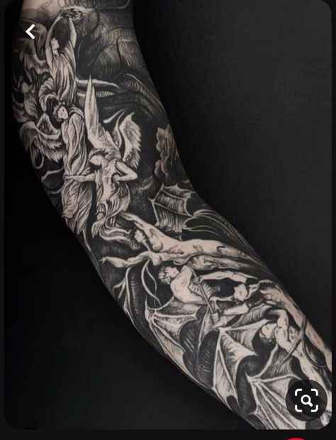 Angel Leg Sleeve Tattoo, Blackwork Gap Filler Tattoo, Dark Full Back Tattoo, Dark Arm Sleeve Tattoo, Horror Arm Sleeve Tattoo, Gothic Arm Sleeve Tattoo, Scary Tattoo Sleeve, Half Sleeve Tattoos For Women Forearm, Cover Up Forearm Tattoos